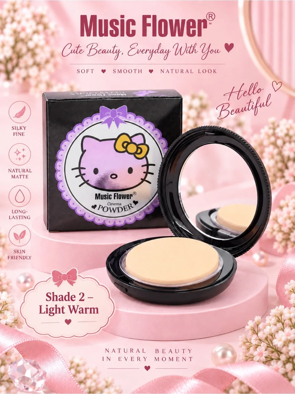 Music Flower x Hello Kitty Matte Powder Compact Choose A or B + Free Puff.NWT